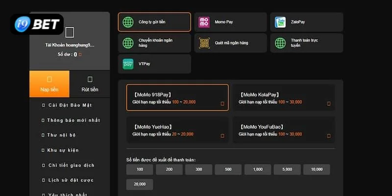 Người chơi có thể dễ dàng nạp tiền tại nhà cái I9BET theo nhiều cách.